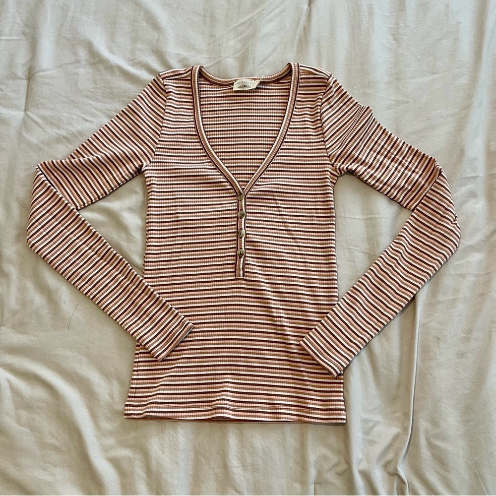 Faherty Rust and White Striped Long Sleeve Henley Top Size XS